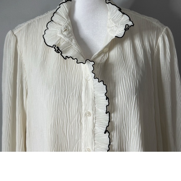 Tory Burch Dress Ivory Belted Long Sleeve Black Piping Detail Shirt Dress Sz 8 - Picture 5 of 14